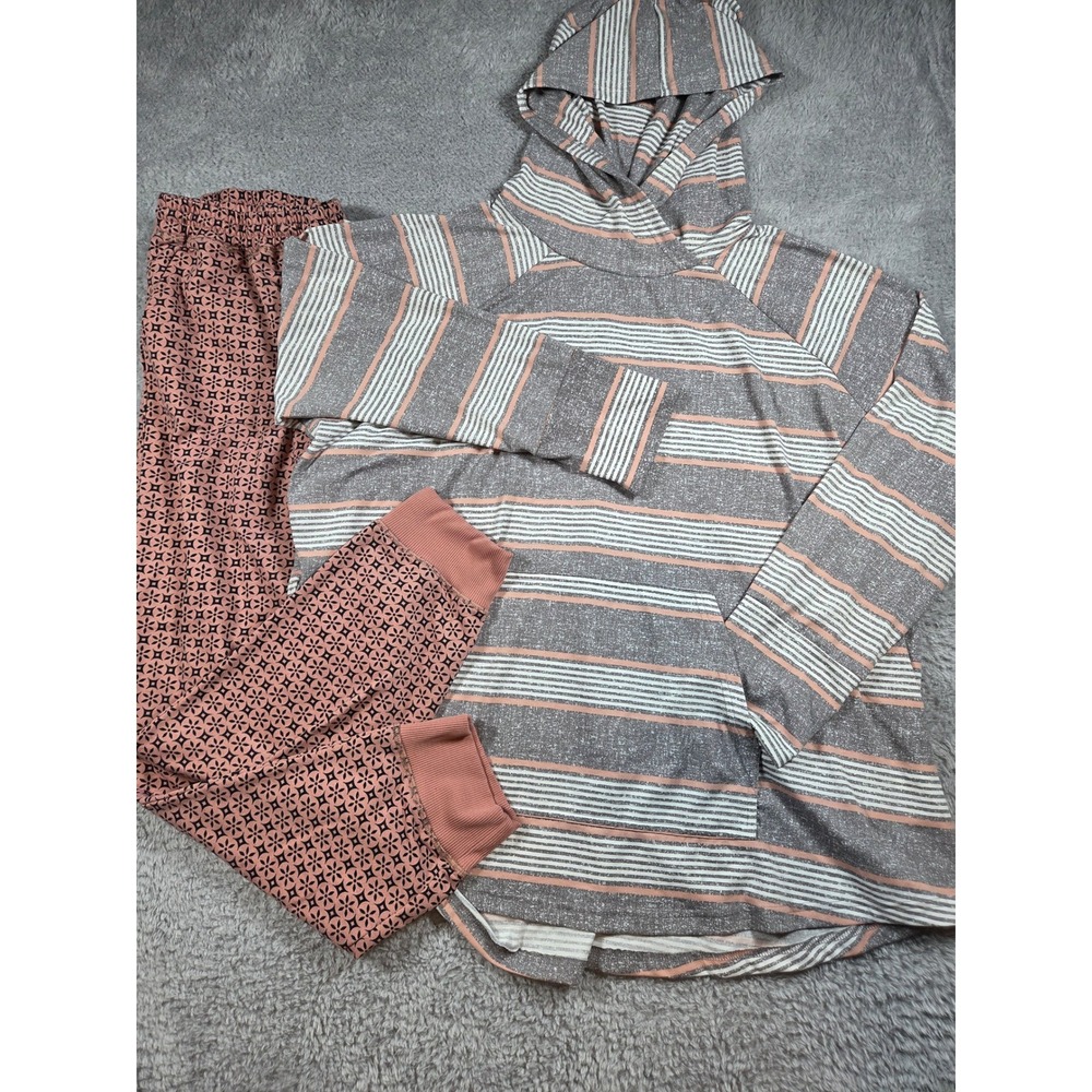 LuLaRoe Hoodie and Joggers Set 3XL Grey Peach Striped Floral Women Loungewear